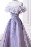 Elegant Glamour Ball Gown Off The Shoulder Lilac Feathers Prom Dress Party Dress Evening Dresses HZ1214