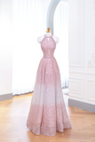 Elegant Glamour A Line Halter Pink Sequin Prom Gowns Party Dress Evening Dresses HZ1214