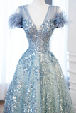 Elegant Glamour Ball Gown V Neckline Tulle Green Blue Prom Dress Party Dress Evening Dresses HZ1214
