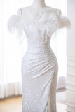 Classy Mermaid White Off The Shoulder Sequin Long Evening Gowns Party Dress Evening Dresses HZ1214