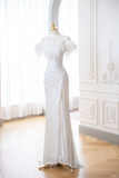 Classy Mermaid White Off The Shoulder Sequin Long Evening Gowns Party Dress Evening Dresses HZ1214