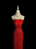 Elegant Glamour Mermaid Strapless Sequin Red Long Prom Dresses Party Dress Evening Dress HZ1214