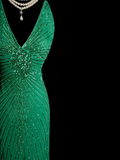 Vintage Mermaid V Neck Backless Green With Beads Long Prom Dresses Party Dress Evening Dress HZ1214