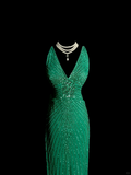 Vintage Mermaid V Neck Backless Green With Beads Long Prom Dresses Party Dress Evening Dress HZ1214