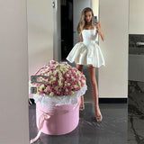 Cute A line White Straps Short Summer Birthday Dress Hoco Dress Birthday Outfit 19th Birthday Mini Party Dresses HZ1214