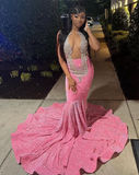 Niulatu Pink Beaded Sequins Evening Dress Mermaid Prom Dress HZ1007