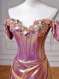 Niulatu Purple Satin Beaded Mermaid Prom Dress Off The Shoulder Long Evening Dress HZ1007