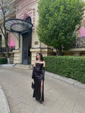 Niulatu Black Strapless Sheath Prom Dress With Split Black Evening Dress HZ1007