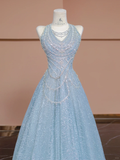 Niulatu Baby Blue A Line Halter Sequin Beaded Tulle Long Prom Dress Party Dress HZ0113