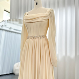 Niulatu Short Midi Arabic Evening Dress with Belt Long Sleeve Tea Length Women Formal Wedding Party Gowns HZ1007
