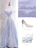 Niulatu Off Shoulder Sequin Tulle Long Prom Dress Purple Formal Evening Dresses HZ1007