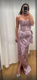Niulatu Printed Corset Front-Slit Satin Prom Dress Formal Evening Dress HZ1007
