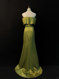 Niulatu Olive Green Satin Off The Shoulder Slit Prom Dress Slit Mermaid Evening Dress HZ1007