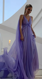Niulatu Purple V Neck Tulle Prom Dress Long Evening Gown HZ1007