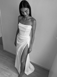 Niulatu White Strapless Slit Mermaid Evening Dress Long Prom Dress HZ1007