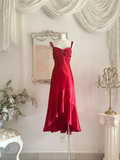 Niulatu Red A Line Straps Ruffle Satin Prom Dress Wedding Guest Dress with Slit HZ0113