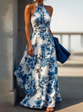Niulatu Arrive Sleeveless Satin Floral Print Halter Neck A Line Evening Dress Blue Prom Dress HZ1007