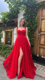Niulatu Red Lace Prom Dress Sweetheart Neck Side Slit High Waist A Line Formal Wedding Party Evening Dress HZ1007