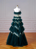 Niulatu Dark Green Tulle Sequins Layered A Line Prom Dress Strapless Evening Dress HZ1007