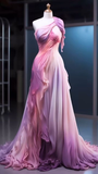 Niulatu One Shoulder Pink Ombre Chiffon Long Evening Dress Prom Dress HZ1007