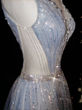 Niulatu V Neck Tulle Beaded Feathers A Line Prom Dress Evening Dress HZ1007