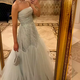 Niulatu Strapless Sage Green Tulle Sequins Evening Dress Formal Prom Dress HZ1007
