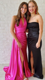 Niulatu Halter V-Neck Ruched Bodycon Prom Dress,Long Slit Evening Gown HZ1007
