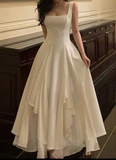 Niulatu Neck White Asymmetric A-Line Long Evening Dress HZ1007