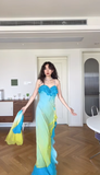Niulatu Sheath Spaghetti Strap Ruffle Yellow Blue Ombre Chiffon Prom Dress Wedding Guest Dress HZ0113