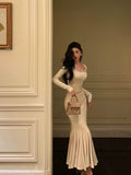Niulatu Mermaid Square Neckline Long Sleeves White Long Prom Dresses Birthday Dress SD292