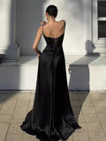 Niulatu A line Spaghetti Straps Pink Satin Long Party Dresses Prom Dresses SD2705