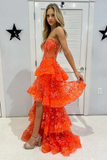 Niulatu Orange Strapless A-Line Lace Layered Appliques Prom Dress Slit Evening Dress HZ1007