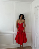 Niulatu Red Strapless Pleated Prom Dress A Line Evening Gown HZ1007
