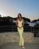 Niulatu V Neck Yellow Satin Evening Dress Long Prom Dress HZ1007
