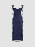Niulatu Sheath Square Neckline Navy Blue Chiffon Ruffles Prom Dresses Formal Dress HZ1110