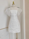 Niulatu A line Square neckline Tulle White Sequin Party Dress Short Birthday Dresses With Beads SD378