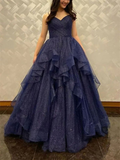 Niulatu V Neck Navy Blue Tulle Long Prom Dress Navy Blue Formal Evening Dresses Long HZ1007