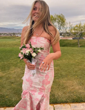 Niulatu Pink Satin Print Floral Evening Dress Mermaid Prom Dress HZ1007