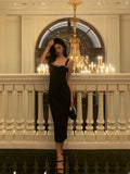 Niulatu Sheath Straps Black Satin Prom Dresses With Beads Birthday Dress SD569