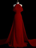 Niulatu Sheath Halter Red Satin Long Prom Dress Evening Dress Formal Dress SD1818