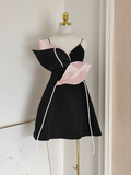 Niulatu A line Spaghetti Straps Black Satin Short Homecoming Dresses Birthday Outfits SD363