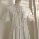 Niulatu A line High Neckline Short Sleeves Lace White Party Dress Chiffon Holiday Dresses SD348