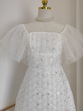 Niulatu A line Square neckline Tulle White Sequin Party Dress Short Birthday Dresses With Beads SD378