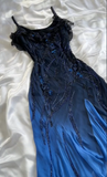 Niulatu A Line Spaghetti Straps Navy Blue Chiffon Beads Long Prom Dresses Formal Dress HZ1110