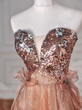 Niulatu Rose Gold Strapless Tulle Sequins Beaded A Line Prom Dress Evening Dress HZ1007
