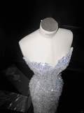Niulatu Blue Strapless Sequins Beaded sheath Long Prom Dress Evening Dress HZ1007