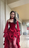Niulatu High Low Strapless Burgundy Satin Prom Dress Birthday Outfits With Sleeves HZ1110