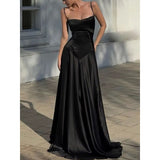 Niulatu A line Spaghetti Straps Pink Satin Long Party Dresses Prom Dresses SD2705