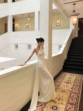 Niulatu One Shoulder Floor-length Sleeveless White Long Prom Dresses SD2003