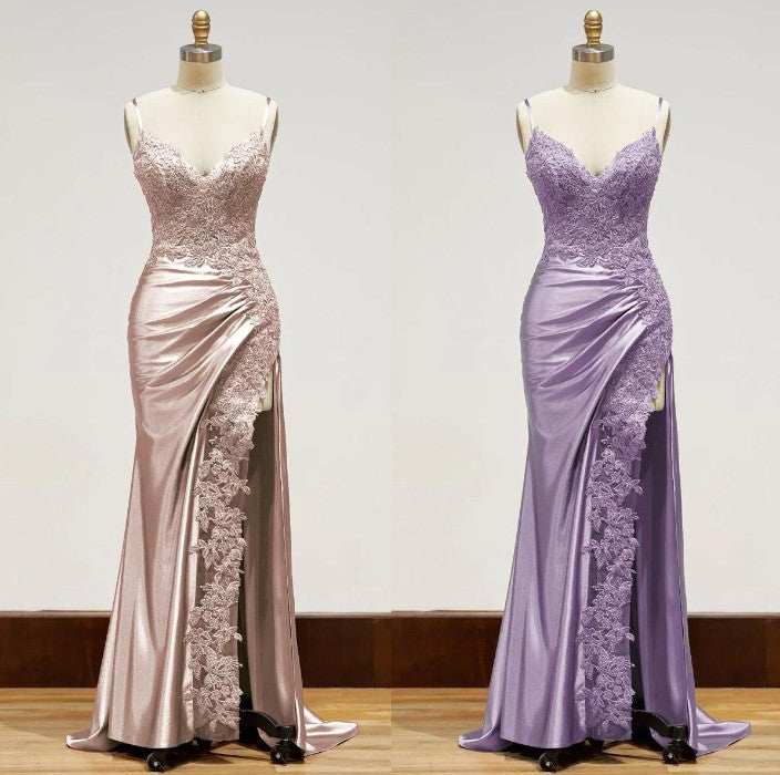 Niulatu Black Spaghetti Straps Evening Dresses Satin Sheath Long Prom Dresses with Slits HZ1026